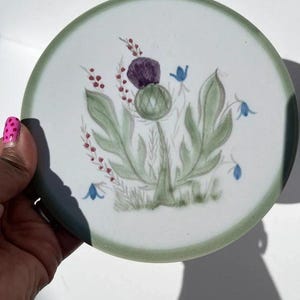 May include: A round ceramic plate with a white centre and a sage green rim. The centre features a painted botanical illustration of a purple thistle flower, green leaves, small red berries, and delicate blue bell-shaped flowers on thin stems.