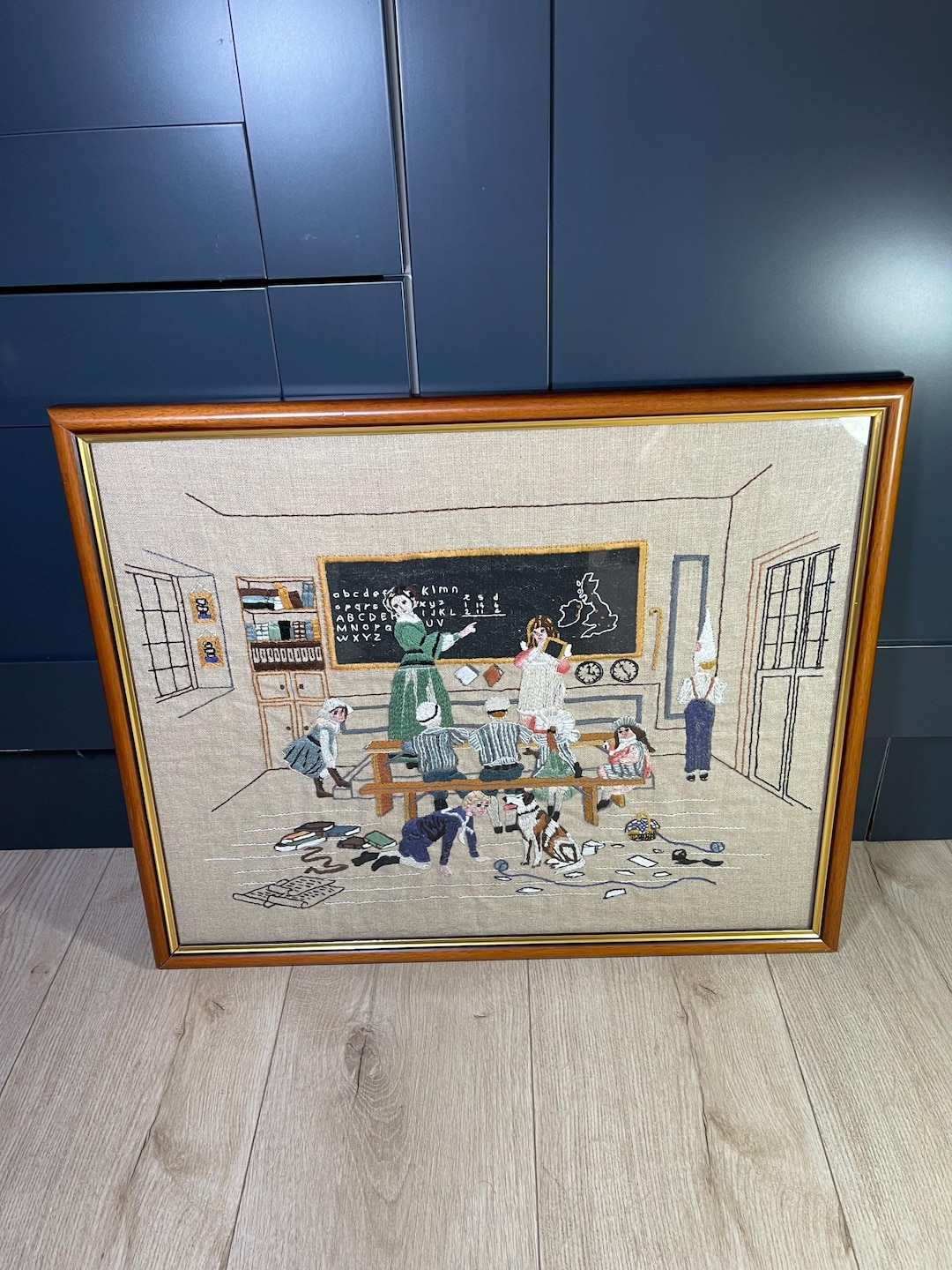 vintage-large-framed-embroidered-wall-art-classroom-scene-on-hessian