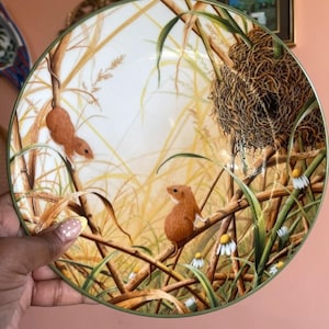 May include: A round ceramic decorative plate featuring a detailed illustration of two small brown harvest mice climbing through tall golden wheat stalks and green grass, with a woven nest and small white daisy flowers visible in the scene.