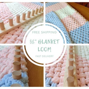 May include: A 38-inch blanket loom with a woven blanket in pastel colors. The blanket is pink, white, and blue. The loom is made of wood and has wooden pegs. The text on the image says "38" Blanket Loom".