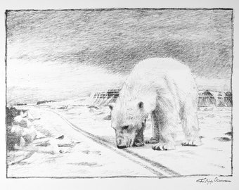 Eisbär schnüffelt auf einer Skispur von Fridtjof Nansen. Einzigartige Galeriequalität Reproduktion Wandkunst