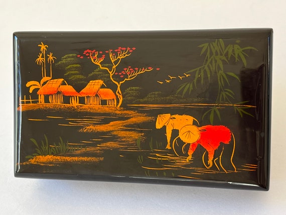 Asian Black Lacquer Jewelry Box Hand Painted Orie… - image 1