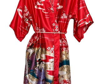 Dynasty Mid Length Kimono Robe Satin Handprinted Silky Kimono Asian Garden Scene Sz L