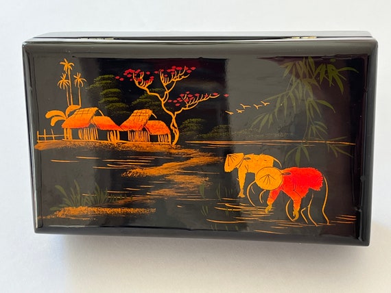 Asian Black Lacquer Jewelry Box Hand Painted Orie… - image 2