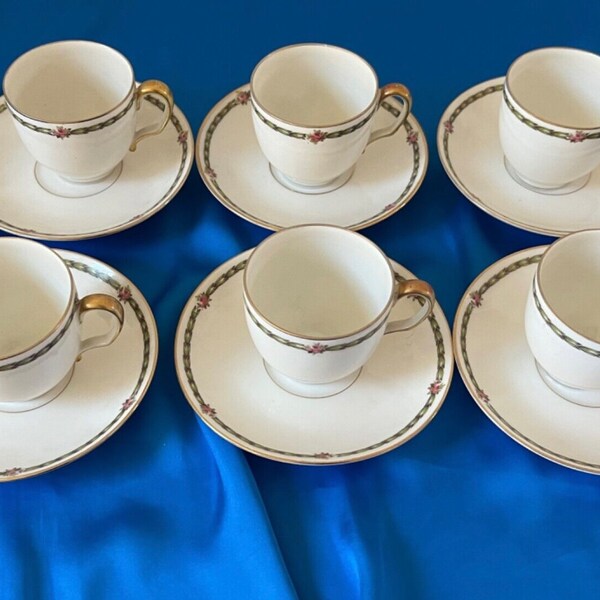 Antique T V Limoges France Porcelain Floral Teacup & Saucer Set Gold Trim 12 PC