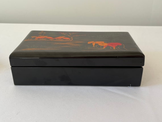 Asian Black Lacquer Jewelry Box Hand Painted Orie… - image 4