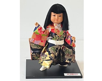 Porcelain Kyugetsu Japanese Girl Doll with Kimono with White Belt Yamaha on Base