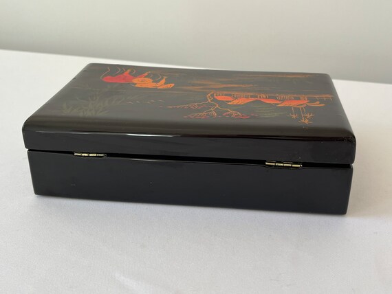 Asian Black Lacquer Jewelry Box Hand Painted Orie… - image 8