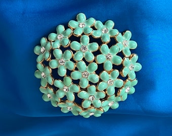 Mint Green Enamel Domed Brooch Flower Cluster Crystal Rhinestone 1960s