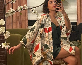 Vintage siden fallande höstlöv Haori kimono överrock morgonrock jacka täckmantel