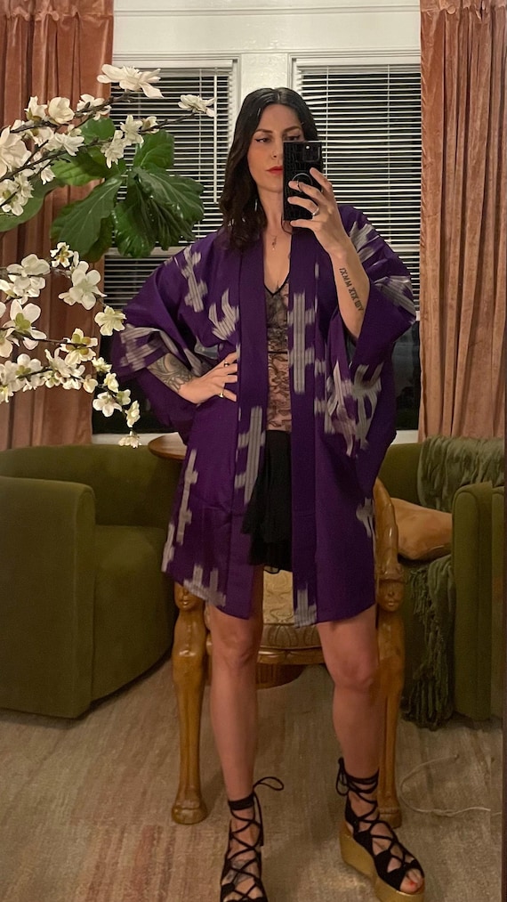 Vintage silk Japanese kimono Haori overcoat cover up Meisen hashtag purple
