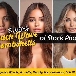 Puede incluir: Tres fotos de archivo de mujeres con ondas de playa. Las mujeres tienen diferentes colores de cabello: rubio, moreno y castaño claro. El texto "3 pack Beach Wave Bombshells ai Stock Photos" está superpuesto a la imagen. El texto "Categorías: Rubia, Morena, Belleza, Extensiones de cabello, Maquillaje suave" está en la parte inferior de la imagen.