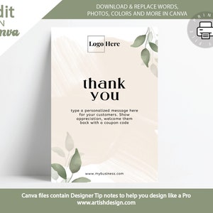 DIY Dankeskarte | Vorgefertigte Canva Vorlage | Hellbraunes und grünes Design | Zierliches Clean Branding