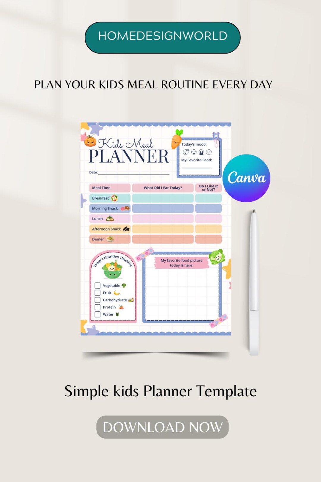 Kids Meal Planner Template, Editable Nutrition Tracker (canva Digital ...