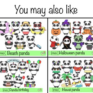 May include: A set of 40 digital clipart images featuring cute panda bears in various themes, including beach, Halloween, birthday, and Hawaiian. The images are in a cartoon style with bright colors and playful details.