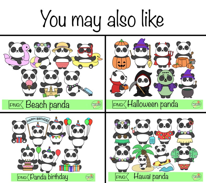 May include: A set of 40 digital clipart images featuring cute panda bears in various themes, including beach, Halloween, birthday, and Hawaiian. The images are in a cartoon style with bright colors and playful details.
