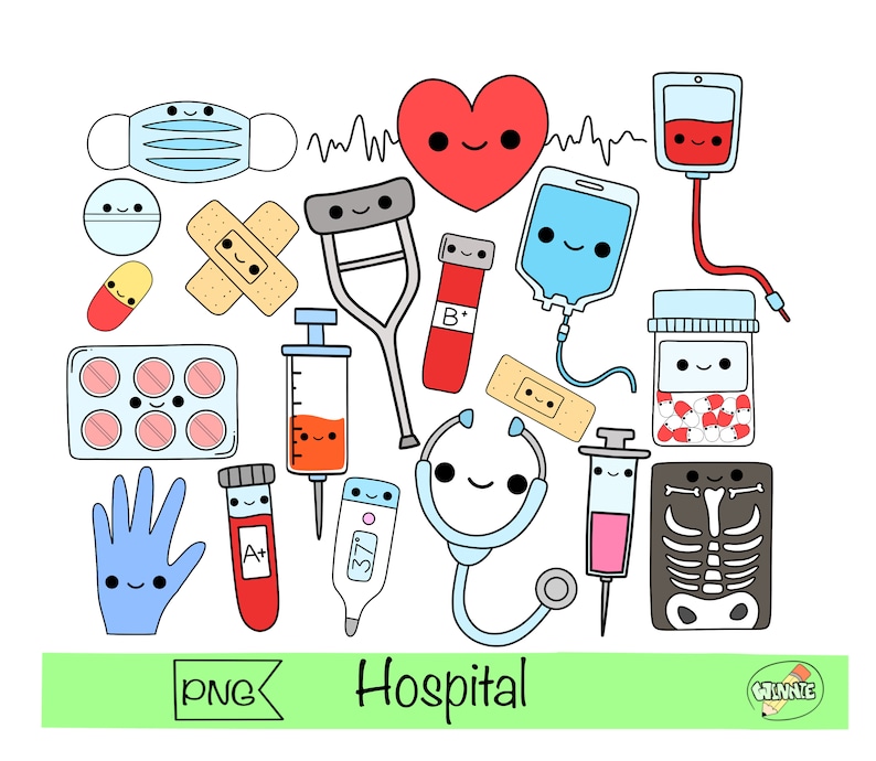 Pu&ograve; includere: Un set di illustrazioni colorate di cartoni animati di forniture ed attrezzature mediche, tra cui uno stetoscopio, le stampelle, le bende, le pillole, un termometro, una siringa, una sacca di sangue, una fiala di sangue e un cuore. Il testo "Hospital" &egrave; scritto in verde nella parte inferiore dell'immagine.
