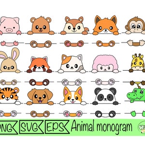 Tier Monogramm svg süßes Tier svg aufgeteilt Monogramm Vektor druckbare Aufkleber für Cricut geschnitten Datei kawaii Tier png Namensschild Baby Tier