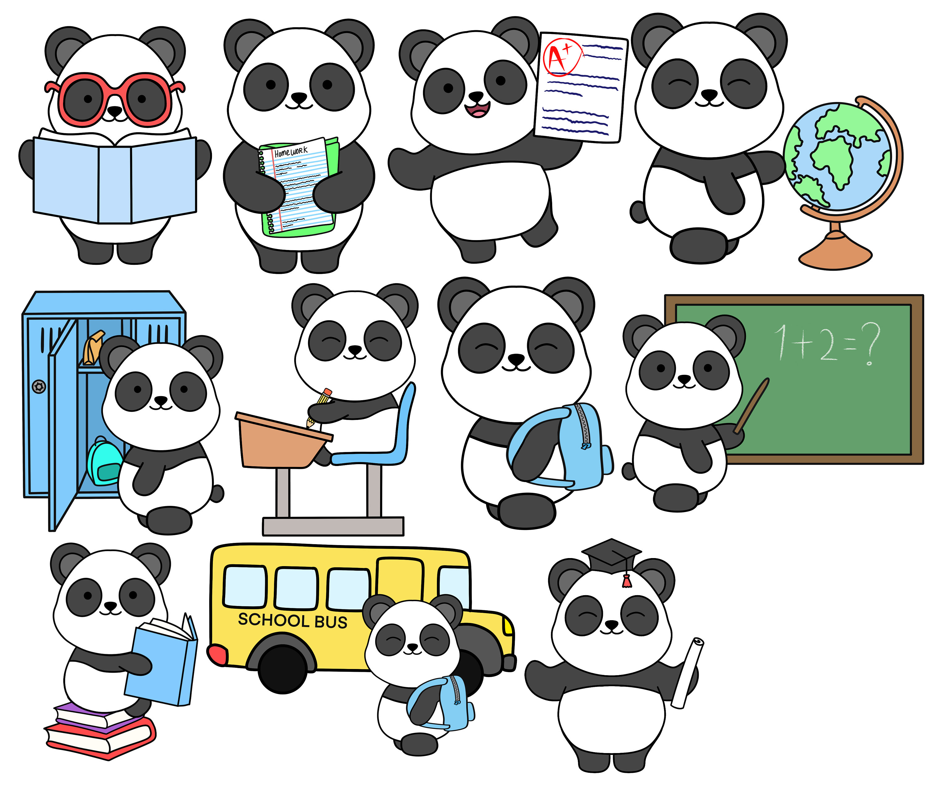 Panda Clipart School Panda Digital Sticker Goodnotes Back to School ...