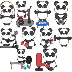 May include: A set of ten illustrations featuring a panda bear doing different exercises. The panda is shown using a jump rope, stationary bike, treadmill, boxing gloves, dumbbells, a weight, and a barbell. The panda is also shown doing a sit-up on a bench and jumping on a trampoline.