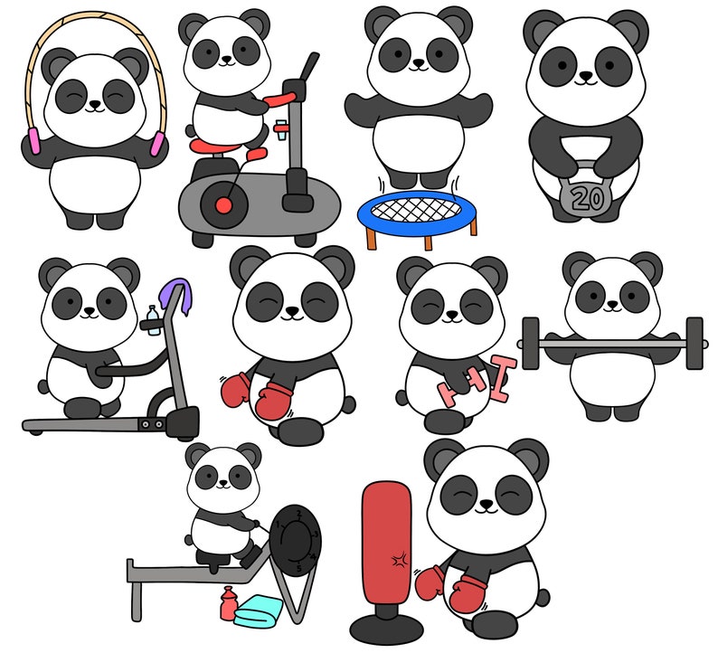 May include: A set of ten illustrations featuring a panda bear doing different exercises. The panda is shown using a jump rope, stationary bike, treadmill, boxing gloves, dumbbells, a weight, and a barbell. The panda is also shown doing a sit-up on a bench and jumping on a trampoline.