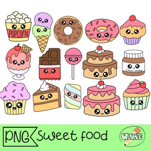Op de afbeelding: Een set van 14 cartoonillustraties van zoete lekkernijen, waaronder een cupcake, een ijshoorn, een donut, een taart, popcorn, een chocolade reep, een lolly, een marshmallow en een chocoladepasta. Elk voedsel heeft een schattig gezicht met ogen, een mond en blos.