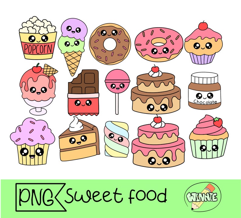 May include: A set of 14 cartoon illustrations of sweet foods, including a cupcake, ice cream cone, donut, cake, popcorn, chocolate bar, lollipop, marshmallow, and chocolate spread. Each food has a cute face with eyes, a mouth, and blush.