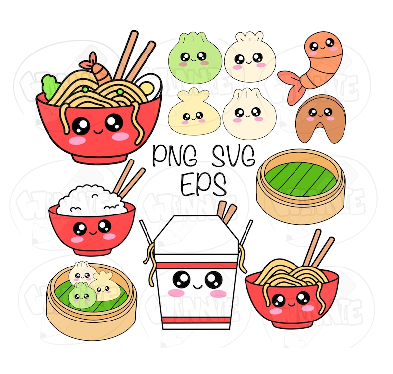 May include: A set of nine cartoon-style Asian food illustrations. The illustrations include a bowl of noodles, a bowl of rice, a takeout container, a plate of dumplings, a bowl of dumplings, a shrimp, a dumpling, and two bowls of noodles. The illustrations are all in bright colors and have cute faces.