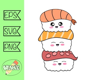 Peut inclure: Une pile de quatre pièces de sushi de dessin animé avec des visages souriants. Les sushis sont garnis de crevettes, d'œufs et de poulpes.