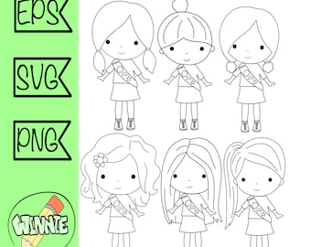 May include: Black and white line art illustration of six girls wearing scout uniforms. Each girl has a different hairstyle and expression. The girls are all wearing sashes with the word "Scout" on them.