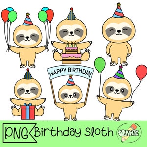 birthday sloth clipart sloth digital planner sticker printable birthday animal party cartoon baby sloth png party hat animal vector drawing