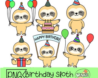 birthday sloth clipart sloth digital planner sticker printable birthday animal party cartoon baby sloth png party hat animal vector drawing