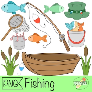 May include: A set of colorful cartoon illustrations for fishing. The set includes a fishing rod, a fishing net, a bucket, a boat, fish, worms, and reeds. The text "PNG Fishing" is at the bottom of the image.