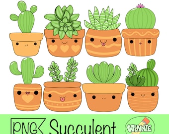 May include: A collection of eight cartoon succulents and cacti in orange pots with smiling faces. The plants are various shades of green, and the pots have heart, stripe, and dot designs. The text "PNG Succulent" is at the bottom.