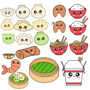 May include: A set of cute cartoon illustrations of various Chinese food items, including dumplings, noodles, rice, fortune cookies, spring rolls, shrimp, and a takeout box. The illustrations are drawn in a simple, colorful style with big eyes and smiling faces.