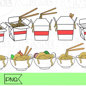 May include: A set of six illustrations of takeout containers and bowls of noodles. The containers are white with red accents and the bowls are white. The noodles are yellow and the chopsticks are brown.
