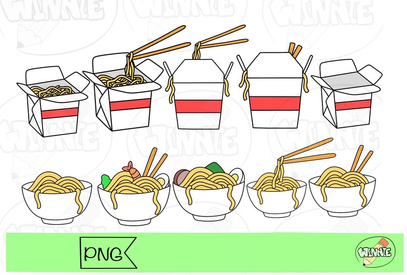 May include: A set of six illustrations of takeout containers and bowls of noodles. The containers are white with red accents and the bowls are white. The noodles are yellow and the chopsticks are brown.