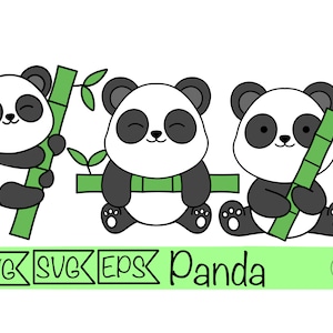 May include: Three black and white cartoon pandas holding green bamboo stalks. The pandas are smiling and have black eyes. The background is white.