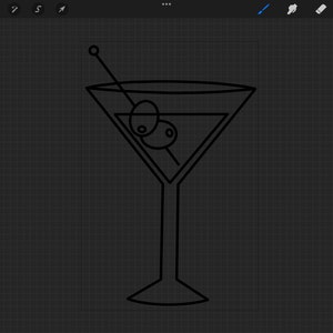 Puede incluir: Un dibujo de l&iacute;nea negra de una copa de martini con una aceituna en un palillo. La copa est&aacute; llena de l&iacute;quido y la aceituna est&aacute; en el centro de la copa.