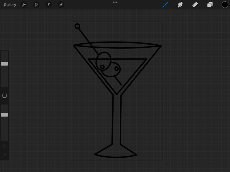 Puede incluir: Un dibujo de l&iacute;nea negra de una copa de martini con una aceituna en un palillo. La copa est&aacute; llena de l&iacute;quido y la aceituna est&aacute; en el centro de la copa.