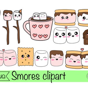Puede incluir: Un conjunto de 12 imágenes de clipart digital que presentan lindos s'mores de dibujos animados, malvaviscos, barras de chocolate, galletas graham y una taza de chocolate caliente. Las imágenes están en un esquema de color rosa, marrón, blanco y amarillo.