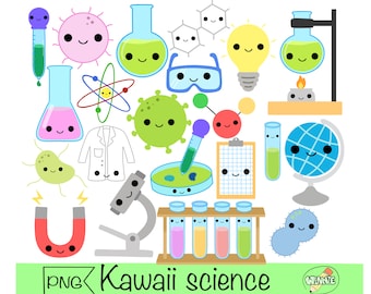 Może przedstawiać: Zestaw 18 uroczych grafik science clipart, w tym zlewka, probówka, atom, mikroskop, magnes, żarówka i wiele innych. Grafiki są w stylu kreskówkowym i mają żywe kolory.
