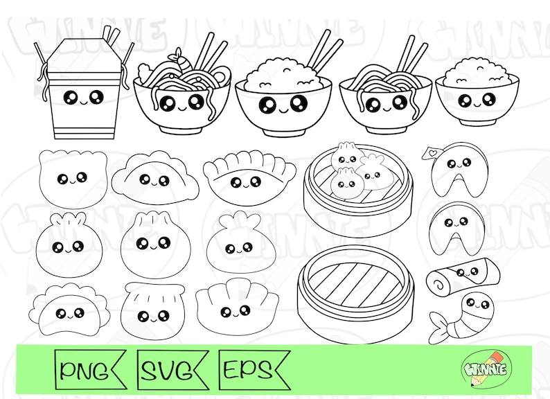 May include: A set of black and white line art illustrations of various Asian food items, including a takeout box, bowls of noodles and rice, dumplings, and a steamer basket. The illustrations are in a cute cartoon style with large eyes and smiling faces.