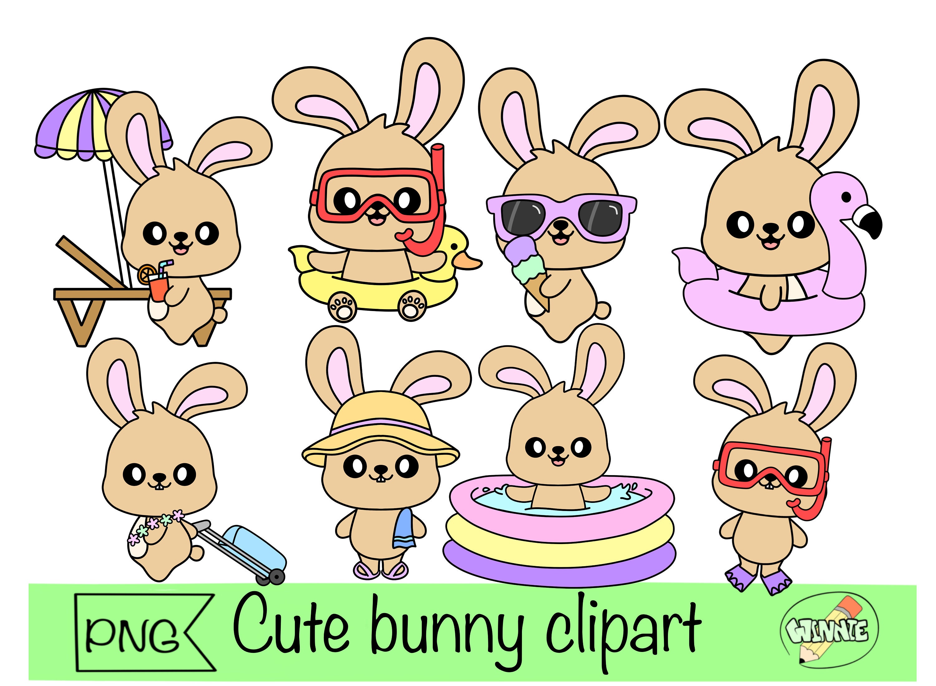 bunny clipart pool party rabbit animal png stickers kawaii pool party summer rabbit beach day cricut digital planner stickers goodnote cute