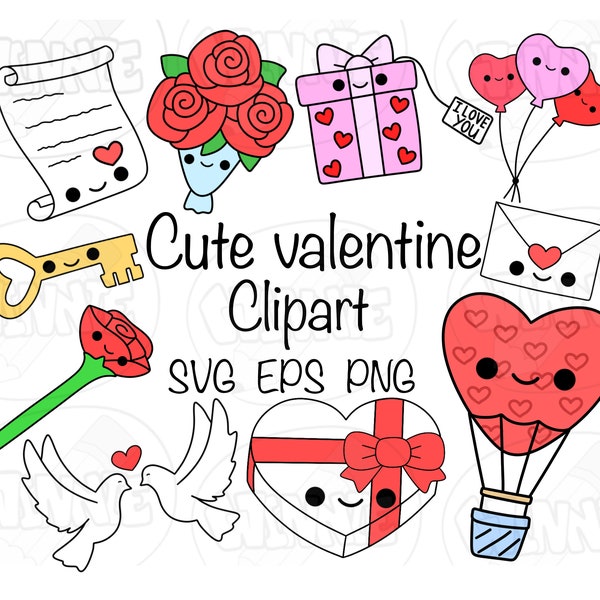 kawaii Valentijn clipart SVG schattig Valentijnsdag liefde hart digitale download cartoon tekening mooie Valentijnsdag clipart kawaii bloem png