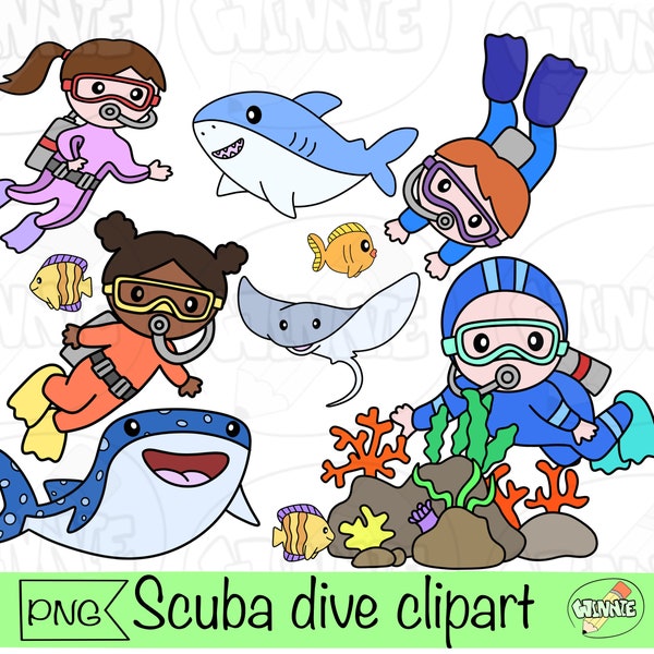 scuba dive clipart sea life snorkeling under water swimming scuba diver png digital download cartoon diving shark fish whale shark coral