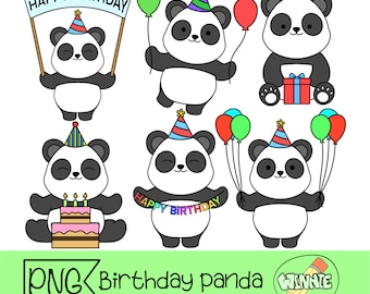 May include: Set of six digital illustrations of birthday pandas. Each panda is wearing a party hat and holding a birthday-themed item, such as balloons, a cake, or a gift. The text "Happy Birthday" is included in the image.