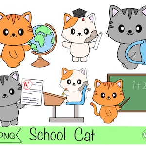 cat clipart school cat digital planner stickers kitten teacher graduation printable cartoon kawaii school clip art vector design teacher png