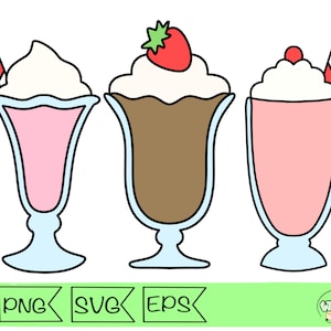 Pode incluir: Três milkshakes de desenho animado em copos altos. Um é rosa com uma palhinha listrada vermelha e branca, outro é marrom com um morango em cima, e o terceiro é rosa com uma cereja e uma palhinha. A imagem inclui o texto "PNG SVG EPS".