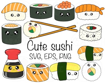 May include: A selection of adorable cartoon sushi illustrations, including nigiri and maki rolls. The image includes a soy sauce bottle and chopsticks, with the text "Cute sushi SVG, EPS, PNG".